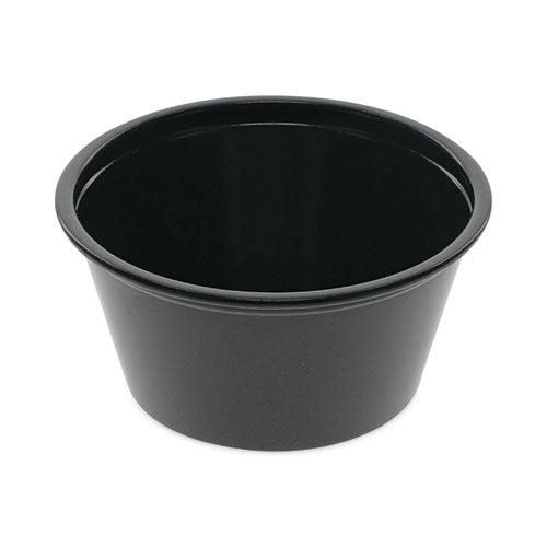 Image of Pactiv Evergreen Plastic Portion Cup, 2 oz, Black, 200/Bag, 12 Bags/Carton