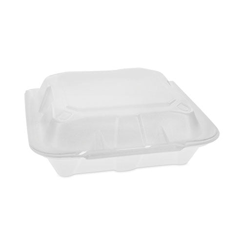 Image of Pactiv Evergreen Vented Foam Hinged Lid Container, Dual Tab Lock Economy, 8.42 x 8.15 x 3, White, 150/Carton