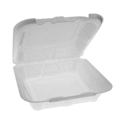 Image of Pactiv Evergreen Vented Foam Hinged Lid Container, Dual Tab Lock Economy, 8.42 x 8.15 x 3, White, 150/Carton