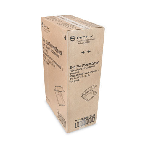 Image of Pactiv Evergreen Vented Foam Hinged Lid Container, Dual Tab Lock Economy, 8.42 x 8.15 x 3, White, 150/Carton