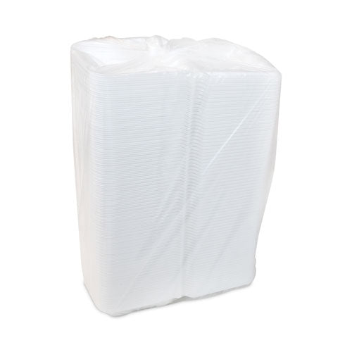 Image of Pactiv Evergreen Vented Foam Hinged Lid Container, Dual Tab Lock Economy, 8.42 x 8.15 x 3, White, 150/Carton
