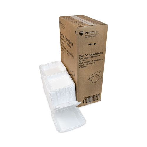 Image of Pactiv Evergreen Vented Foam Hinged Lid Container, Dual Tab Lock Economy, 8.42 x 8.15 x 3, White, 150/Carton