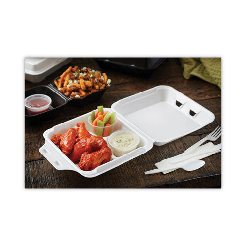 Image of Pactiv Evergreen Vented Foam Hinged Lid Container, Dual Tab Lock Economy, 3 Compartments, 8.42 x 8.15 x 3, White, 150/Carton
