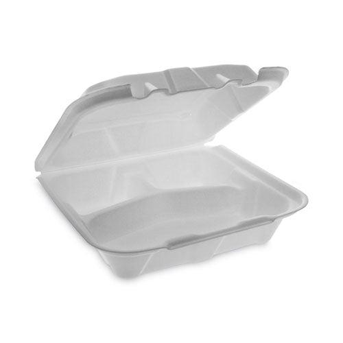 Image of Pactiv Evergreen Vented Foam Hinged Lid Container, Dual Tab Lock Economy, 3 Compartments, 8.42 x 8.15 x 3, White, 150/Carton