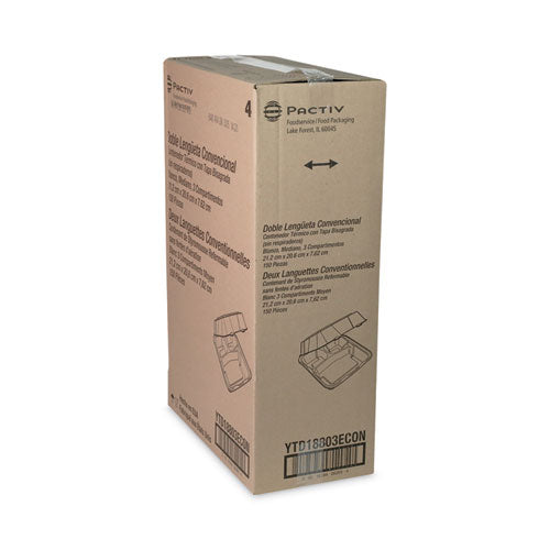 Image of Pactiv Evergreen Vented Foam Hinged Lid Container, Dual Tab Lock Economy, 3 Compartments, 8.42 x 8.15 x 3, White, 150/Carton