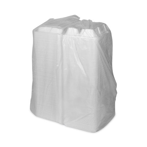 Image of Pactiv Evergreen Vented Foam Hinged Lid Container, Dual Tab Lock Economy, 3 Compartments, 8.42 x 8.15 x 3, White, 150/Carton