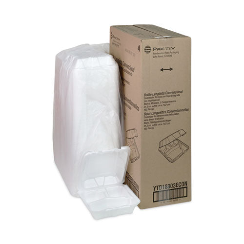 Image of Pactiv Evergreen Vented Foam Hinged Lid Container, Dual Tab Lock Economy, 3 Compartments, 8.42 x 8.15 x 3, White, 150/Carton