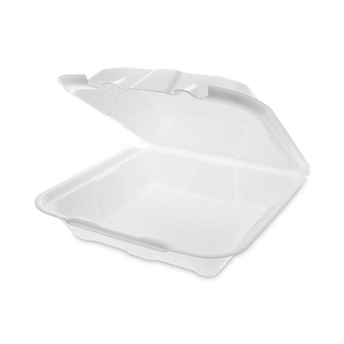 Image of Pactiv Evergreen Vented Foam Hinged Lid Container, Dual Tab Lock Economy, 9.13 x 9 x 3.25, White, 150/Carton