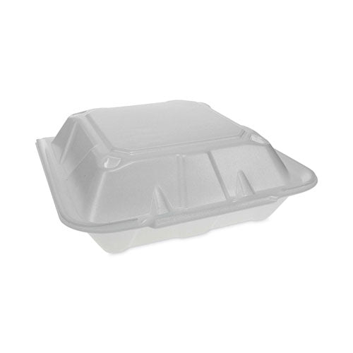 Image of Pactiv Evergreen Vented Foam Hinged Lid Container, Dual Tab Lock Economy, 3 Compartments, 9.13 x 9 x 3.25, White, 150/Carton