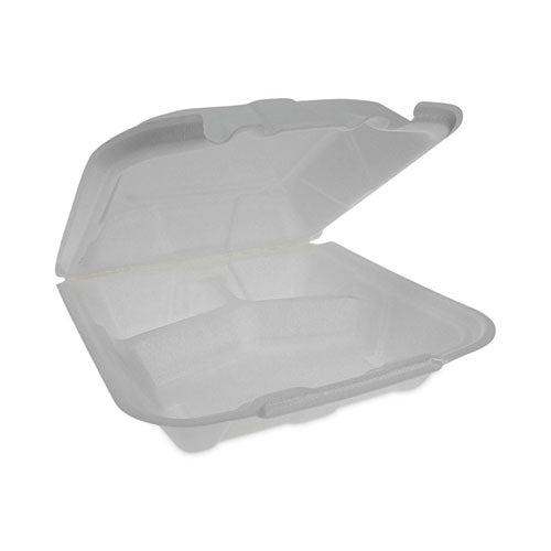 Image of Pactiv Evergreen Vented Foam Hinged Lid Container, Dual Tab Lock Economy, 3 Compartments, 9.13 x 9 x 3.25, White, 150/Carton