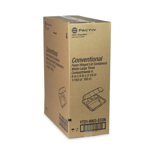 Image of Pactiv Evergreen Vented Foam Hinged Lid Container, Dual Tab Lock Economy, 3 Compartments, 9.13 x 9 x 3.25, White, 150/Carton
