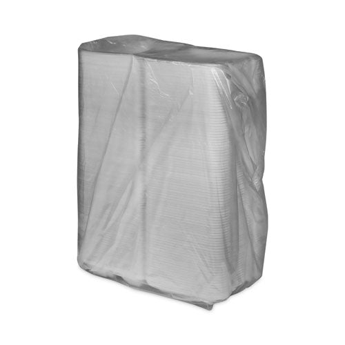 Image of Pactiv Evergreen Vented Foam Hinged Lid Container, Dual Tab Lock Economy, 3 Compartments, 9.13 x 9 x 3.25, White, 150/Carton