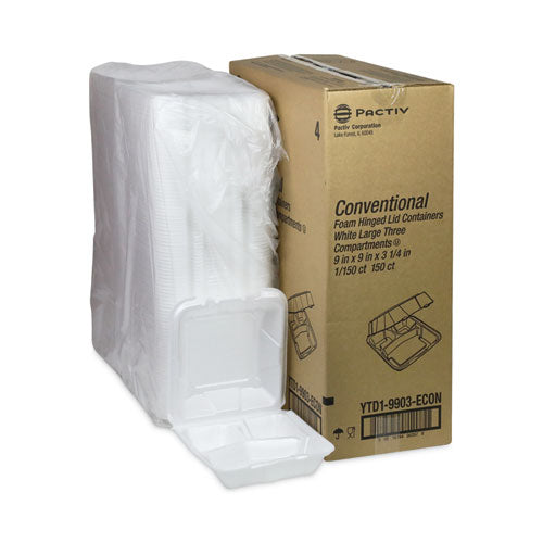Image of Pactiv Evergreen Vented Foam Hinged Lid Container, Dual Tab Lock Economy, 3 Compartments, 9.13 x 9 x 3.25, White, 150/Carton