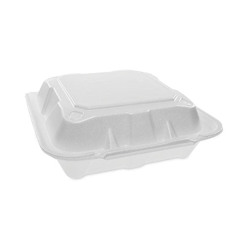 Image of Pactiv Evergreen Vented Foam Hinged Lid Container, Dual Tab Lock, 8.42 x 8.15 x 3, White, 150/Carton