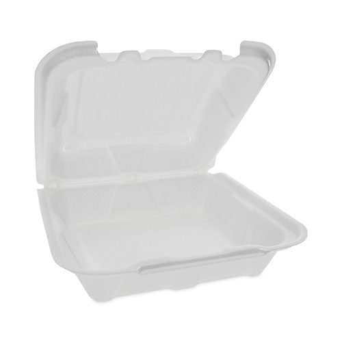 Image of Pactiv Evergreen Vented Foam Hinged Lid Container, Dual Tab Lock, 8.42 x 8.15 x 3, White, 150/Carton