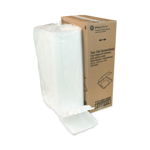 Image of Pactiv Evergreen Vented Foam Hinged Lid Container, Dual Tab Lock, 8.42 x 8.15 x 3, White, 150/Carton