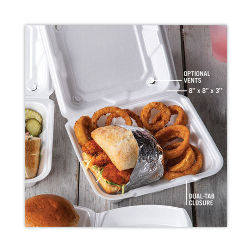 Image of Pactiv Evergreen Vented Foam Hinged Lid Container, Dual Tab Lock, 8.42 x 8.15 x 3, White, 150/Carton