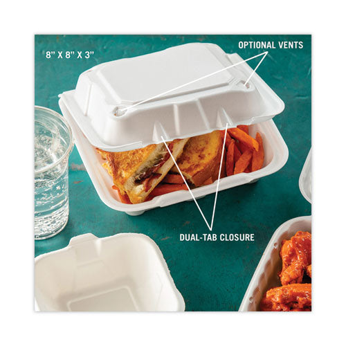 Image of Pactiv Evergreen Vented Foam Hinged Lid Container, Dual Tab Lock, 8.42 x 8.15 x 3, White, 150/Carton