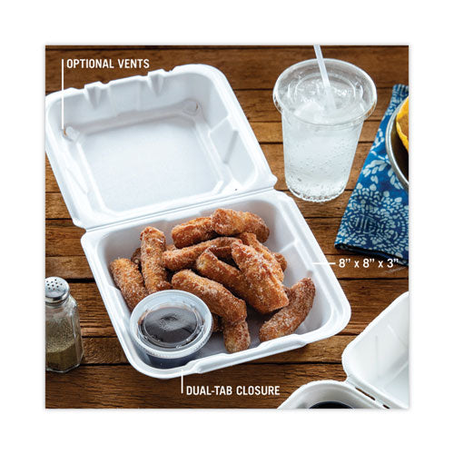 Image of Pactiv Evergreen Vented Foam Hinged Lid Container, Dual Tab Lock, 8.42 x 8.15 x 3, White, 150/Carton