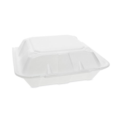 Image of Pactiv Evergreen Vented Foam Hinged Lid Container, Dual Tab Lock, 9.13 x 9 x 3.25, White, 150/Carton