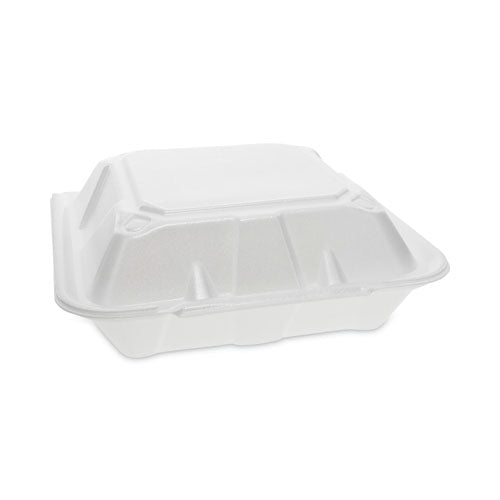 Image of Pactiv Evergreen Vented Foam Hinged Lid Container, Dual Tab Lock, 3 Compartments, 9.13 x 9 x 3.25, White, 150/Carton