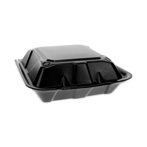Image of Pactiv Evergreen Vented Foam Hinged Lid Container, Dual Tab Lock, 9 x 9 x 3.25, Black, 150/Carton