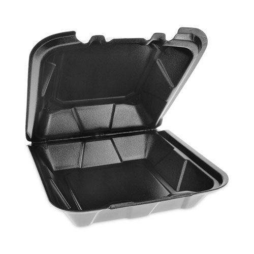 Image of Pactiv Evergreen Vented Foam Hinged Lid Container, Dual Tab Lock, 9 x 9 x 3.25, Black, 150/Carton