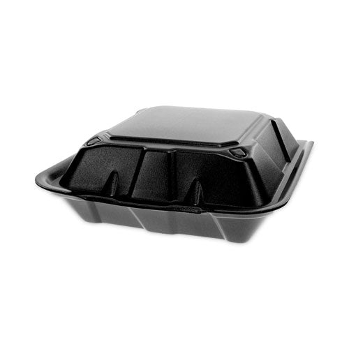 Image of Pactiv Evergreen Vented Foam Hinged Lid Container, Dual Tab Lock, 9 x 9 x 3.25, Black, 150/Carton