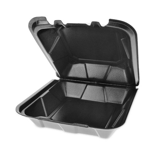 Image of Pactiv Evergreen Vented Foam Hinged Lid Container, Dual Tab Lock, 9 x 9 x 3.25, Black, 150/Carton