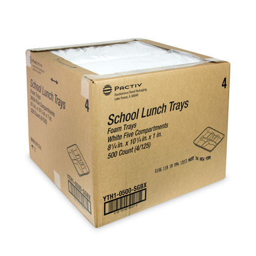 Image of Pactiv Evergreen Foam School Trays, 5-Compartment Tray, 8.25 x 10.5 x 1, White, 500/Carton