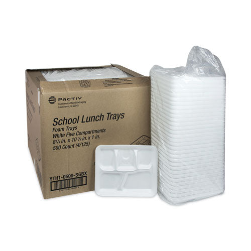 Image of Pactiv Evergreen Foam School Trays, 5-Compartment Tray, 8.25 x 10.5 x 1, White, 500/Carton