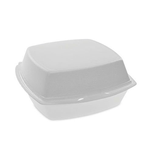 Image of Pactiv Evergreen Foam Hinged Lid Container, Single Tab Lock, 6.38 x 6.38 x 3, White, 500/Carton