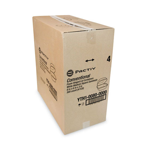 Image of Pactiv Evergreen Foam Hinged Lid Container, Single Tab Lock, 6.38 x 6.38 x 3, White, 500/Carton