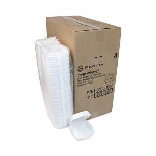 Image of Pactiv Evergreen Foam Hinged Lid Container, Single Tab Lock, 6.38 x 6.38 x 3, White, 500/Carton