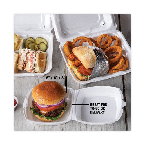 Image of Pactiv Evergreen Foam Hinged Lid Container, Single Tab Lock, 6.38 x 6.38 x 3, White, 500/Carton