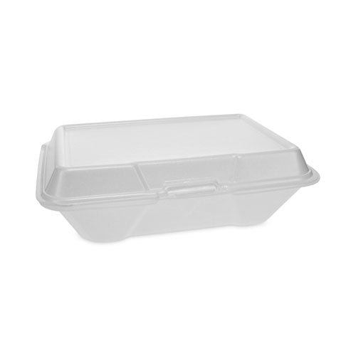 Image of Pactiv Evergreen Foam Hinged Lid Container, Single Tab Lock #205 Utility, 9.19 x 6.5 x 2.75, White, 150/Carton