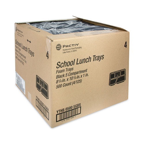 Image of Pactiv Evergreen Foam School Trays, 5-Compartment Tray, 8.25 x 10.25 x 1, Black, 500/Carton