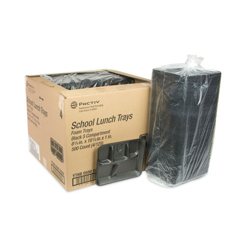 Image of Pactiv Evergreen Foam School Trays, 5-Compartment Tray, 8.25 x 10.25 x 1, Black, 500/Carton