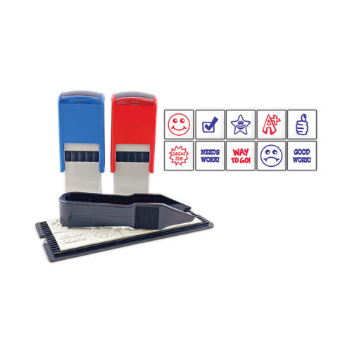 Image of Trodat® Printy 10-in-1 Self-Inking Teacher Stamp, Incudes 10 Dies, 0.63" Diameter, Blue/Red
