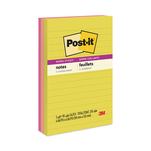 Image of Post-it® Notes Super Sticky Note Pads in Summer Joy Collection Colors, 4" x 6", Note Ruled, Summer Joy Collection Colors, 90 Sheets/Pad, 3 Pads/Pack