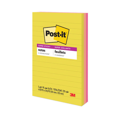 Image of Post-it® Notes Super Sticky Note Pads in Summer Joy Collection Colors, 4" x 6", Note Ruled, Summer Joy Collection Colors, 90 Sheets/Pad, 3 Pads/Pack