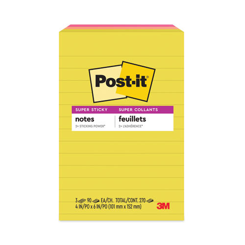 Image of Post-it® Notes Super Sticky Note Pads in Summer Joy Collection Colors, 4" x 6", Note Ruled, Summer Joy Collection Colors, 90 Sheets/Pad, 3 Pads/Pack