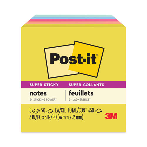 Image of Post-it® Notes Super Sticky Note Pads in Summer Joy Collection Colors, 3" x 3", Summer Joy Collection Colors, 90 Sheets/Pad, 5 Pads/Pack