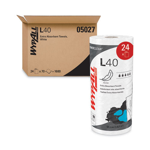 Image of WypAll® L40 Towels, Small Roll, 10.4 x 11, White, 70/Roll, 24 Rolls/Carton
