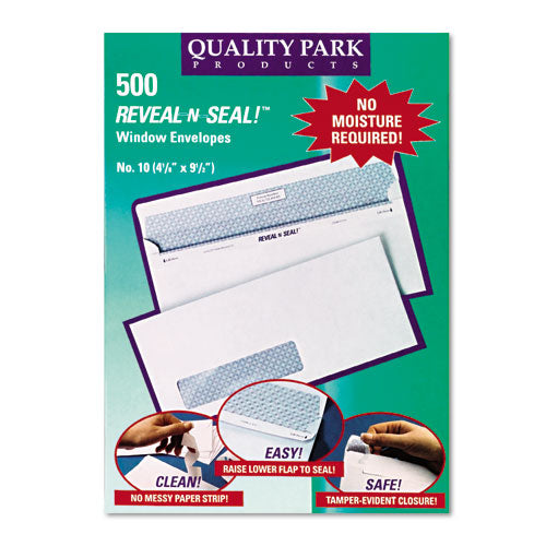 Image of Quality Park Reveal-N-Seal Security-Tint Envelope, Address Window, #10, Commercial Flap, Self-Adhesive Closure, 4.13 x 9.5, White, 500/Box