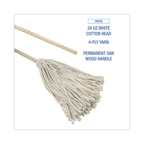 Image of Boardwalk® Cotton Deck Mop, #24 White Cotton Head, 50" Wood Handle, 6/Carton
