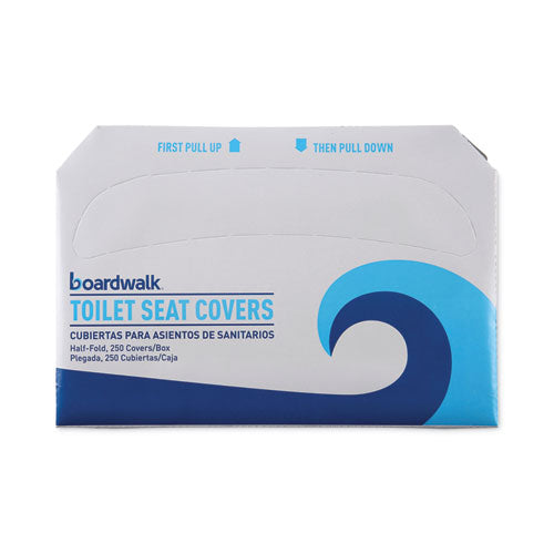 Image of Boardwalk® Premium Half-Fold Toilet Seat Covers, 14.17 x 16.73, White, 250 Covers/Sleeve, 4 Sleeves/Carton