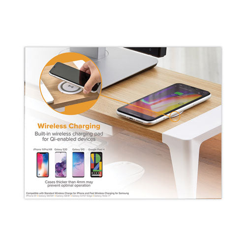 Image of Bostitch® Wooden Monitor Stand with Wireless Charging Pad, 9.8" x 26.77" x 4.13", White