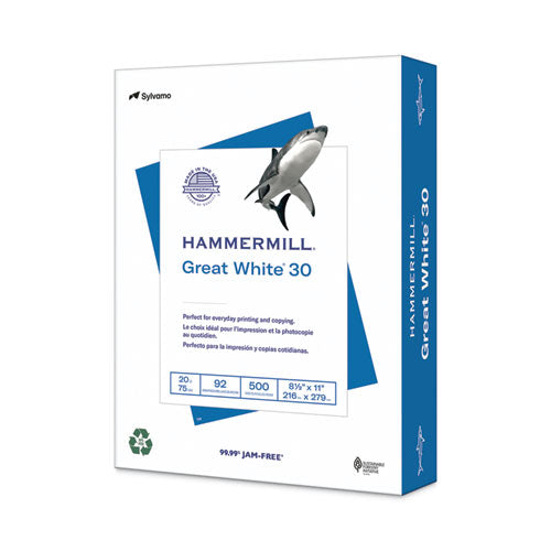 Image of Hammermill® Great White 30 Recycled Print Paper, 92 Bright, 20 lb Bond Weight, 8.5 x 11, White, 500/Ream