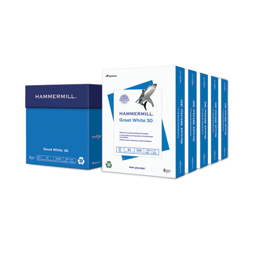 Image of Hammermill® Great White 30 Recycled Print Paper, 92 Bright, 20 lb Bond Weight, 8.5 x 11, White, 500 Sheets/Ream, 5 Reams/Carton